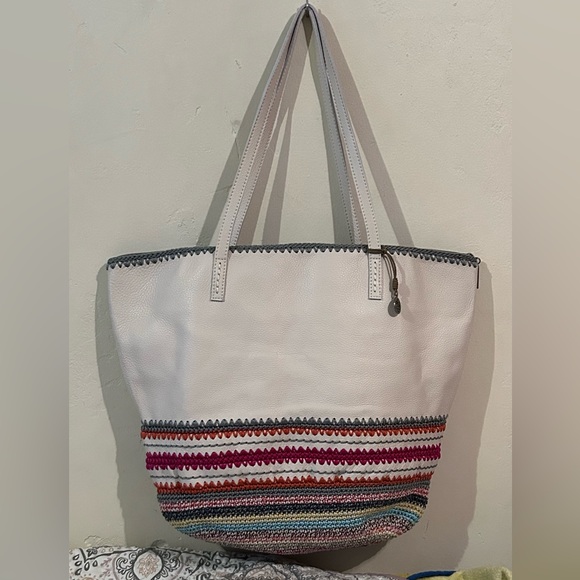 The Sak Faye Large Genuine Leather Tote Stone With Multicolored Crochet Stripes - Picture 5 of 13